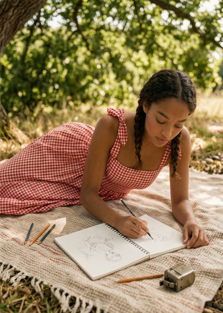 Woman in a red checkered dress drawing in a notebook on a blanket outdoors.