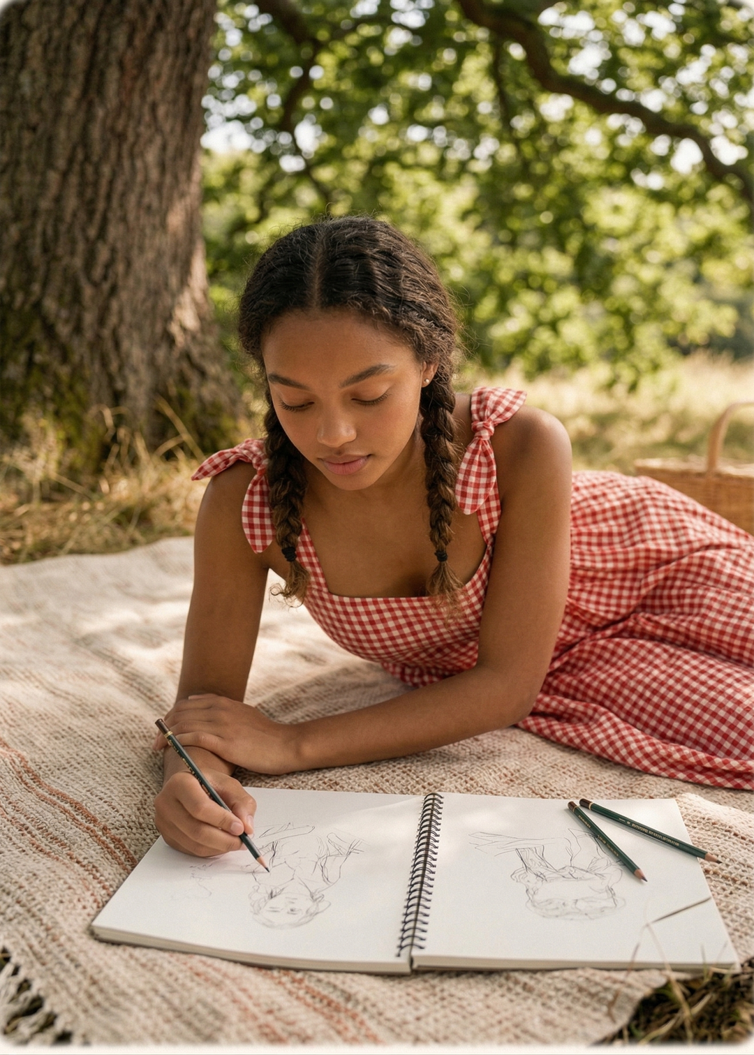 Young girl in a red checkered dress drawing in a notebook outdoors.