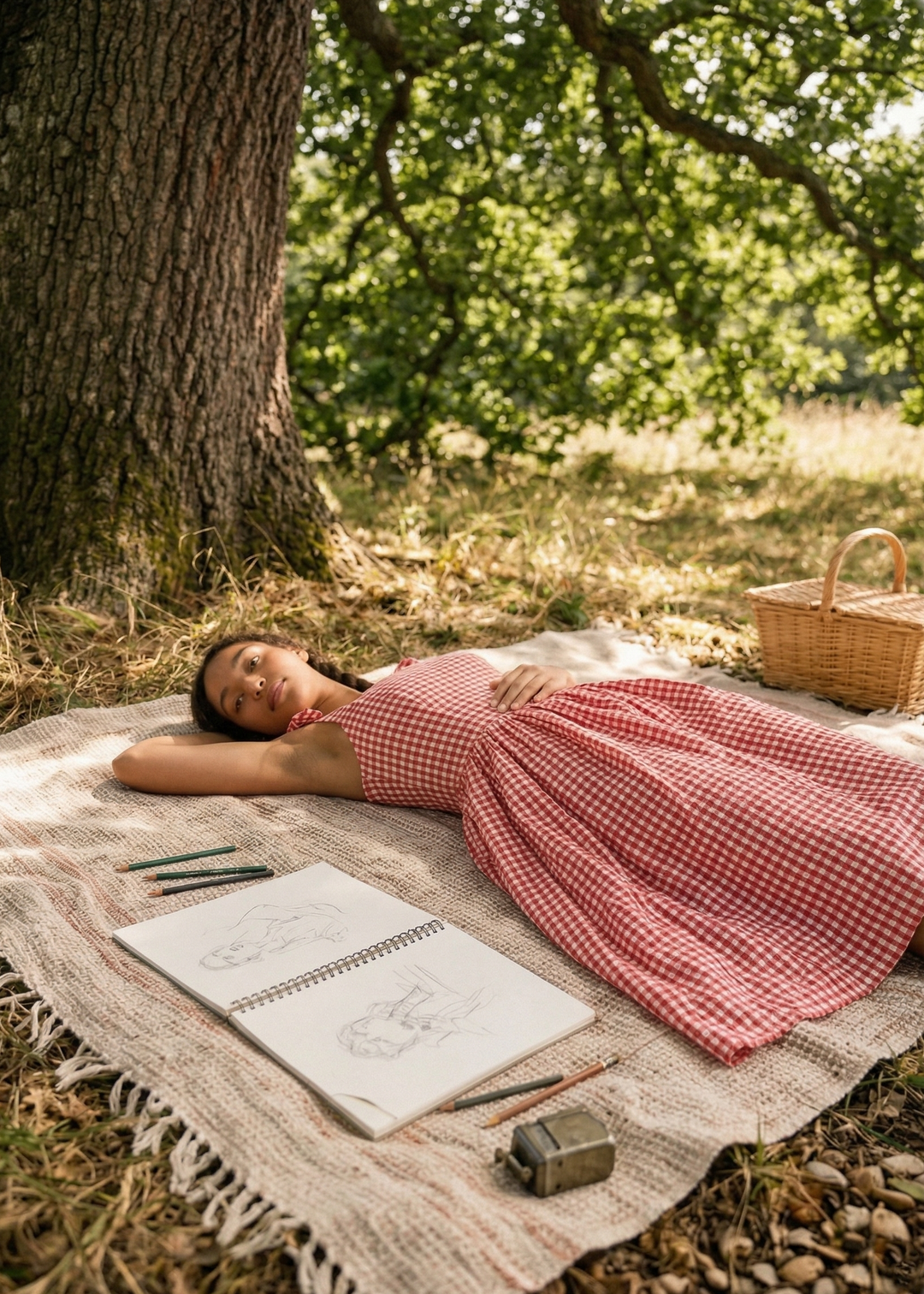 Woman in a red dress lying on a blanket under a tree with art supplies.