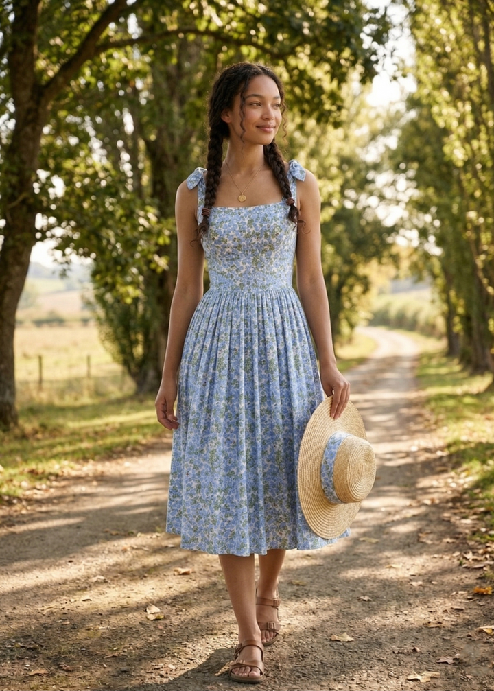 Woman in a floral dress holding a hat on a tree-lined path
