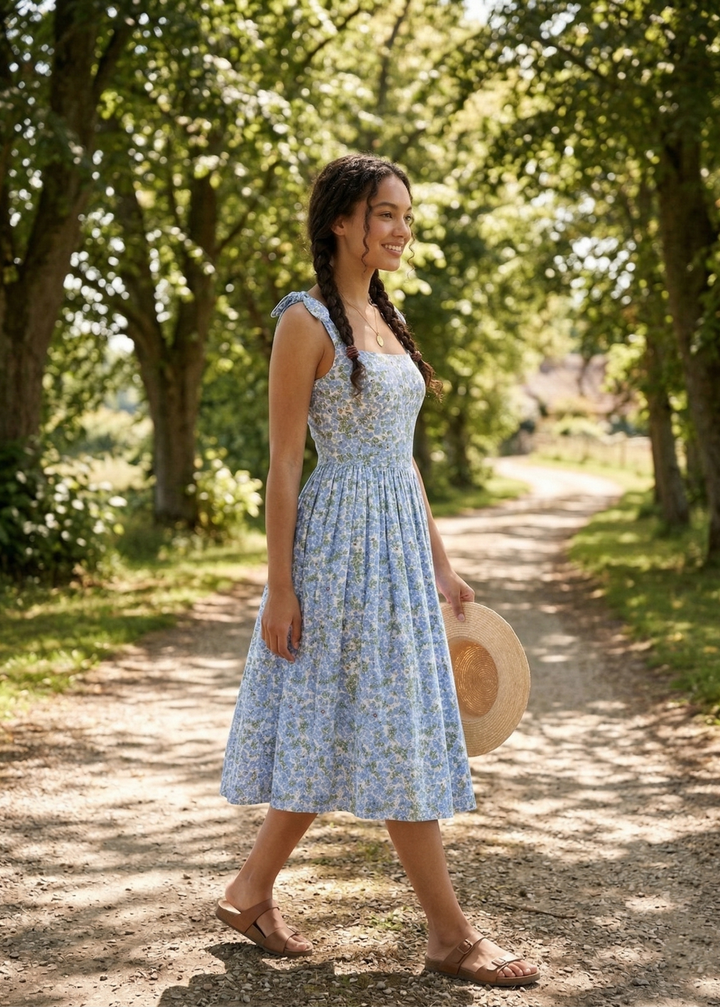 Woman in a floral dress walking along a tree-lined path