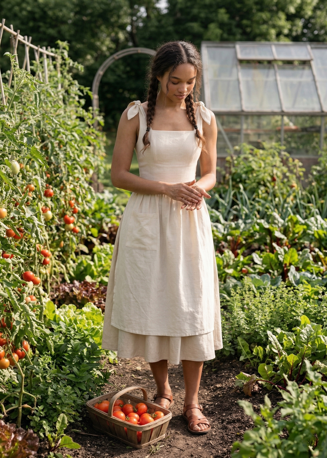 Woman in a white dress standing in a garden with a basket of tomatoes.