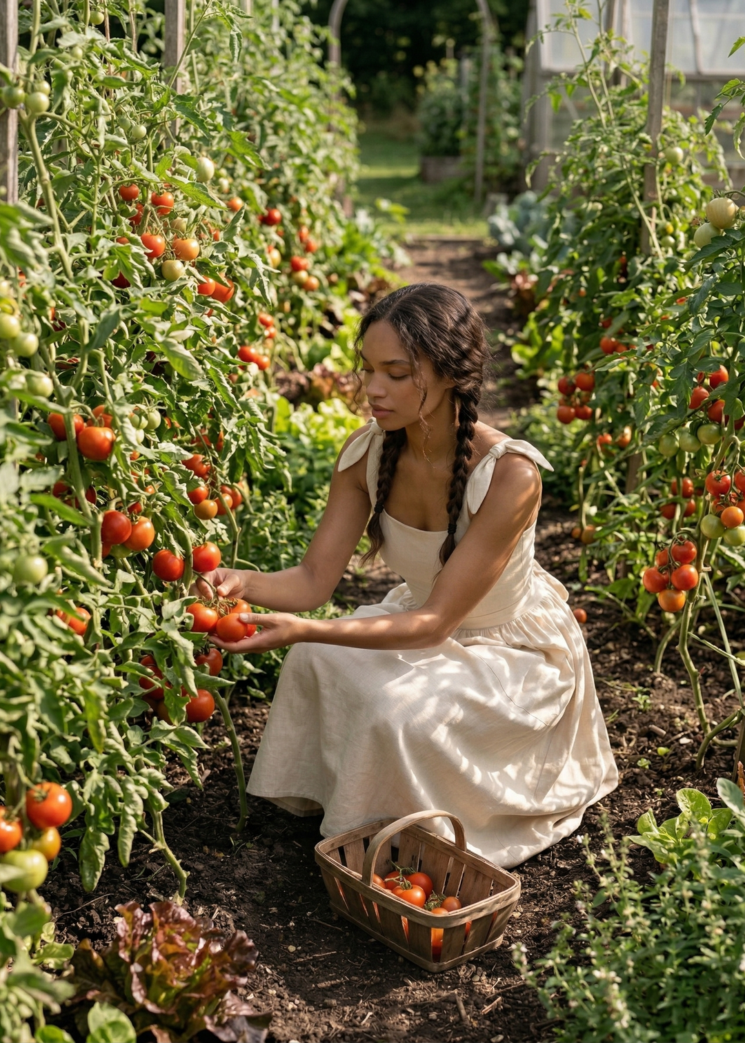 Woman in a garden picking tomatoes with a basket.