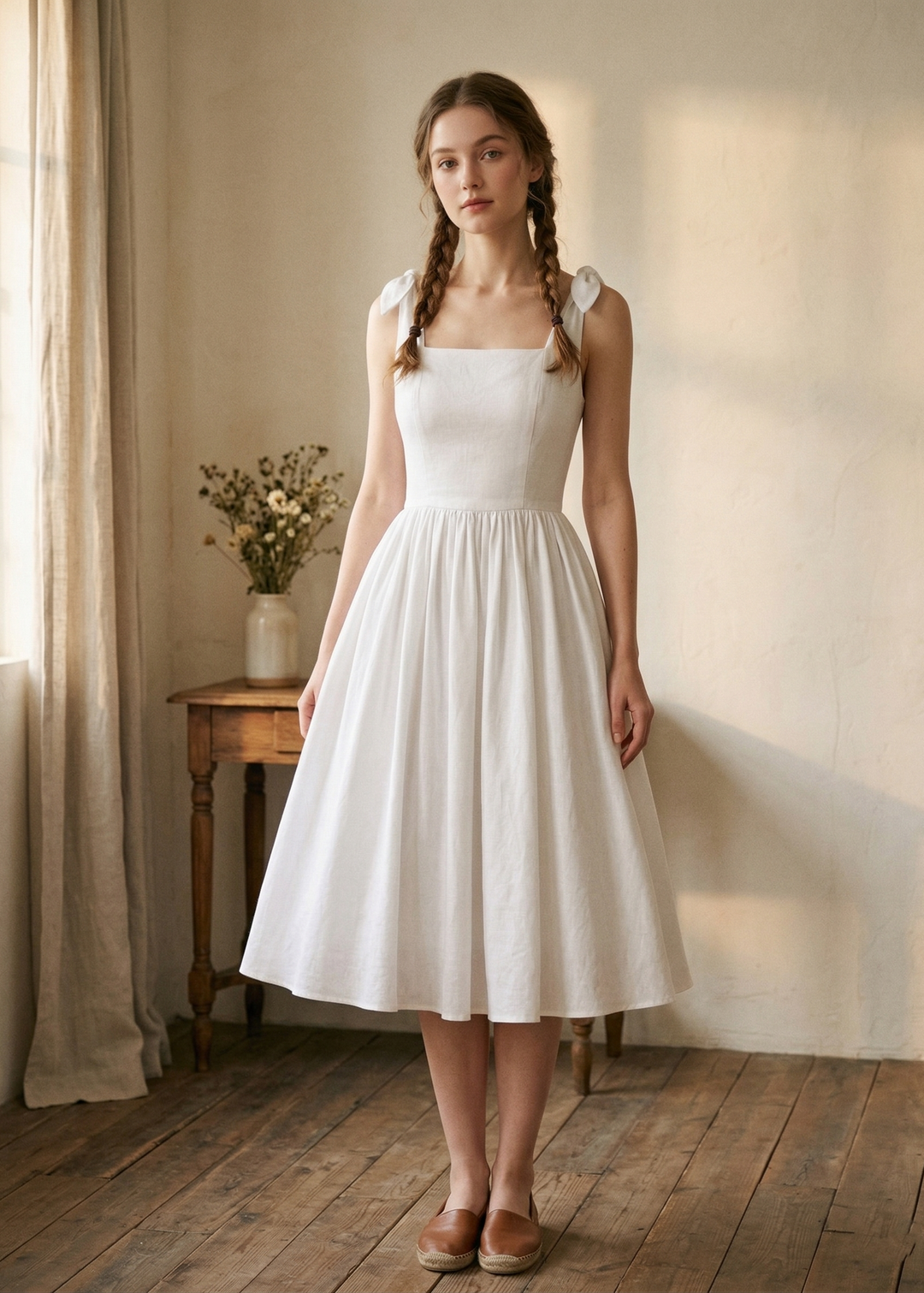 Woman in a white dress standing in a softly lit room with wooden floors and a vase of flowers on a table.