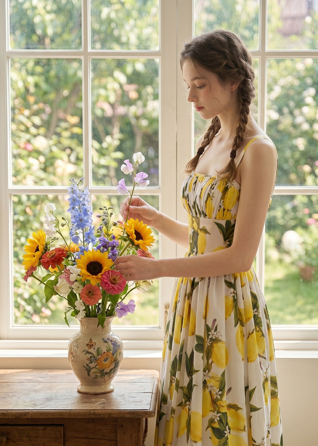 Woman in a yellow floral dress arranging flowers in a vase by a window with a garden view.