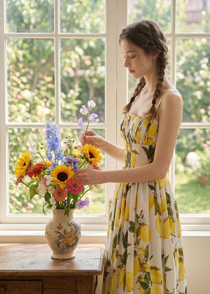 Woman in a yellow floral dress arranging flowers in a vase by a window with a garden view.