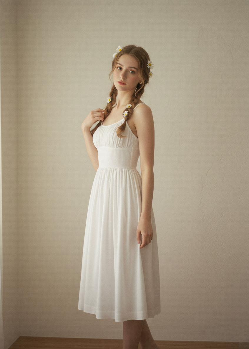 Woman wearing a white dress against a plain background
