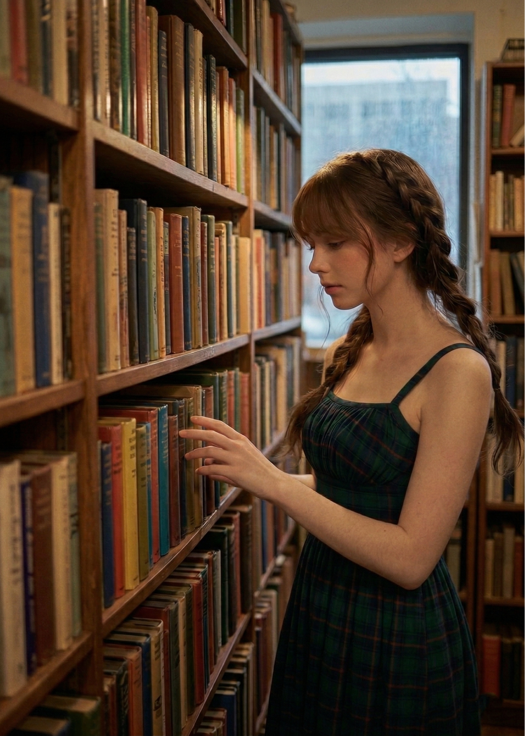 Woman in a library looking at books on a shelf