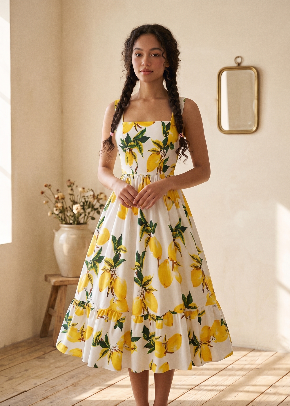 Woman wearing a white dress with yellow lemon pattern in a bright room.
