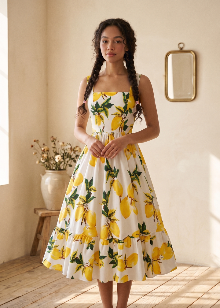 Woman wearing a white dress with yellow lemon pattern in a bright room.