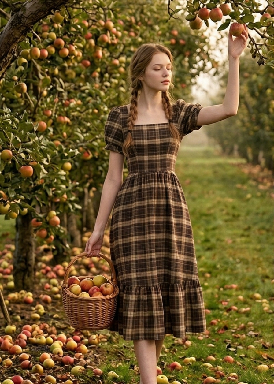 Woman in a plaid dress standing in an apple orchard with apples on the ground and trees.