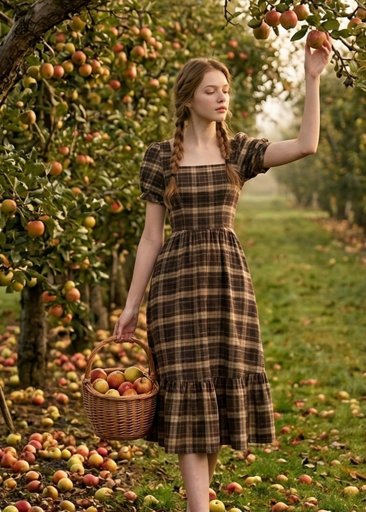 Woman in a plaid dress standing in an apple orchard with apples on the ground and trees.