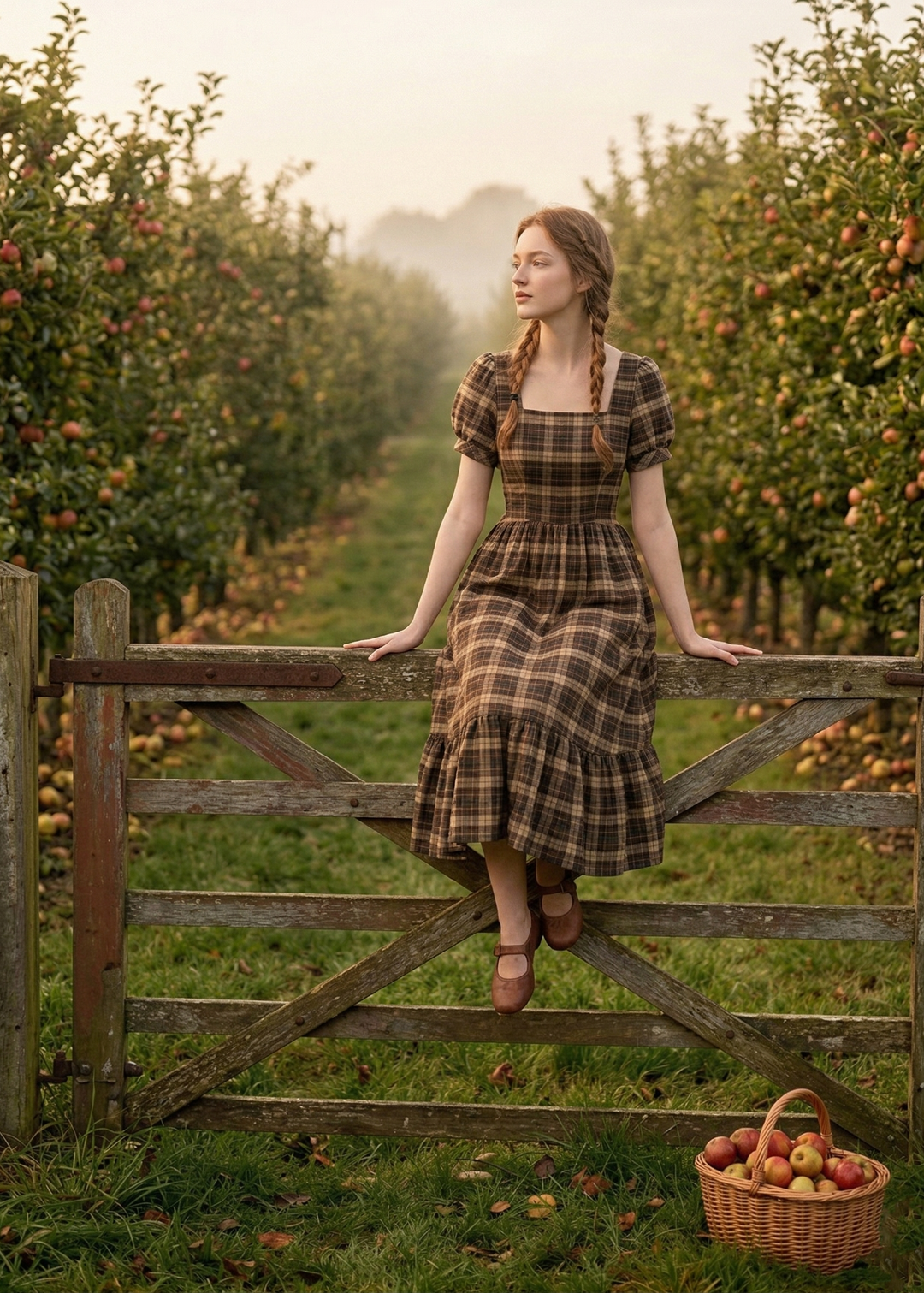 Woman in a plaid dress sitting on a wooden gate in an apple orchard with a basket of apples.