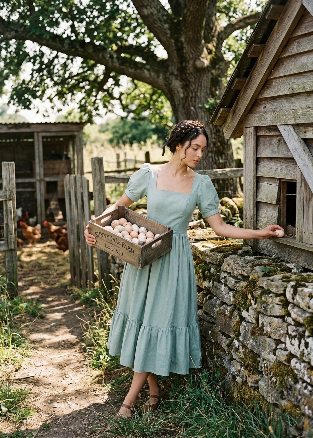 Woman in a light blue dress holding a crate of eggs near a wooden chicken coop.