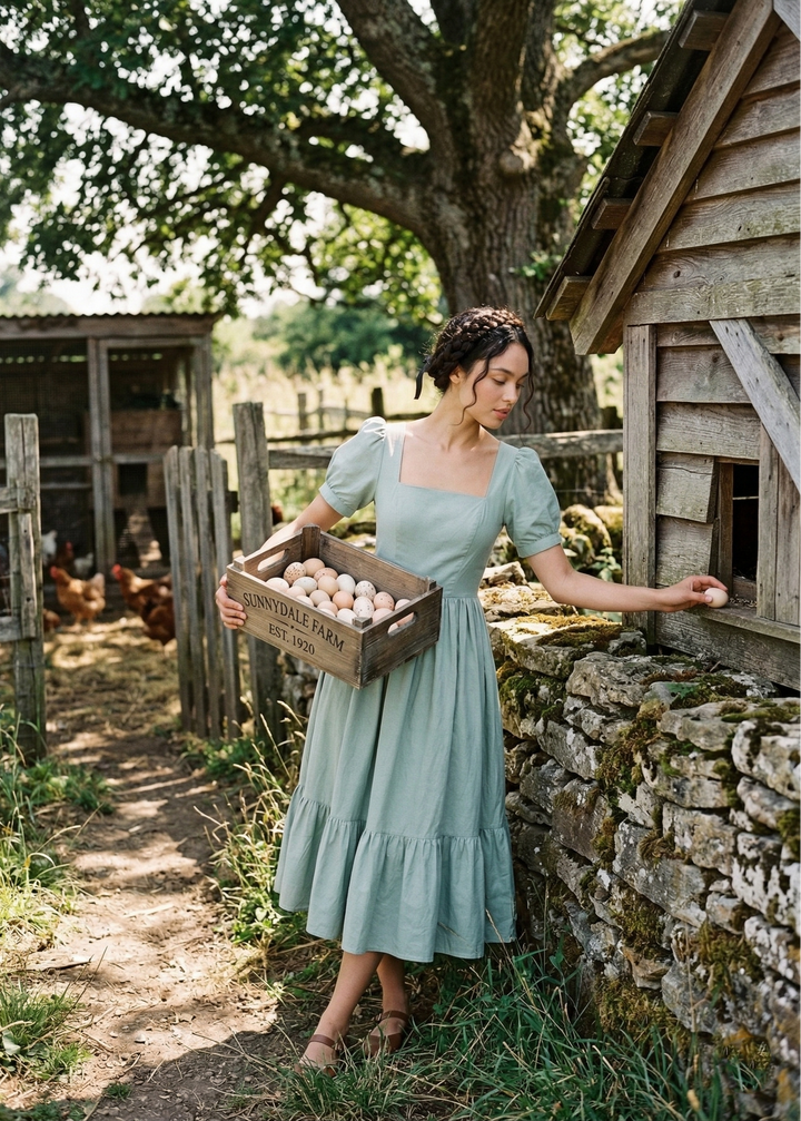 Woman in a light blue dress holding a crate of eggs near a wooden chicken coop.