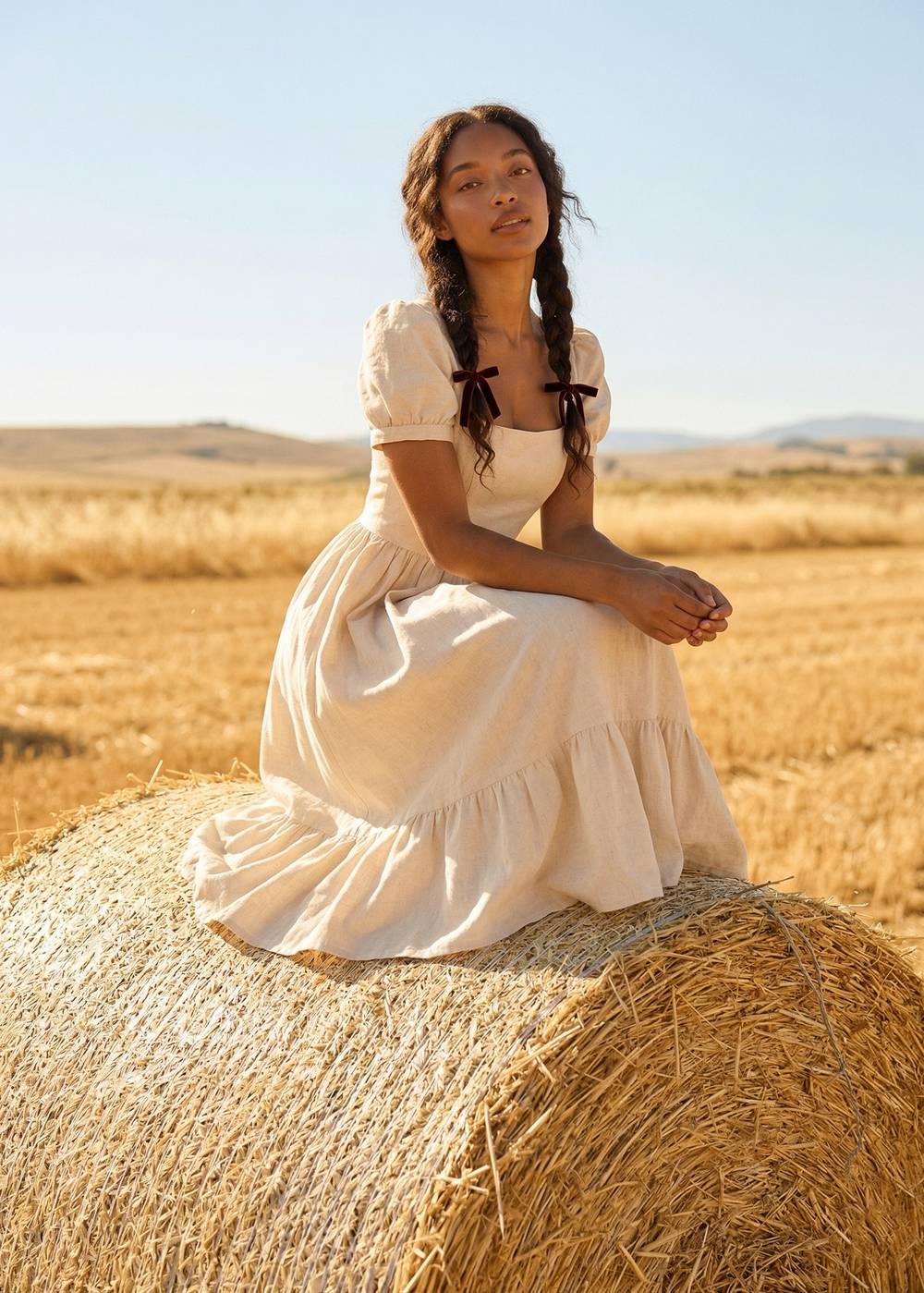 Woman in a white dress sitting on a hay bale in a field