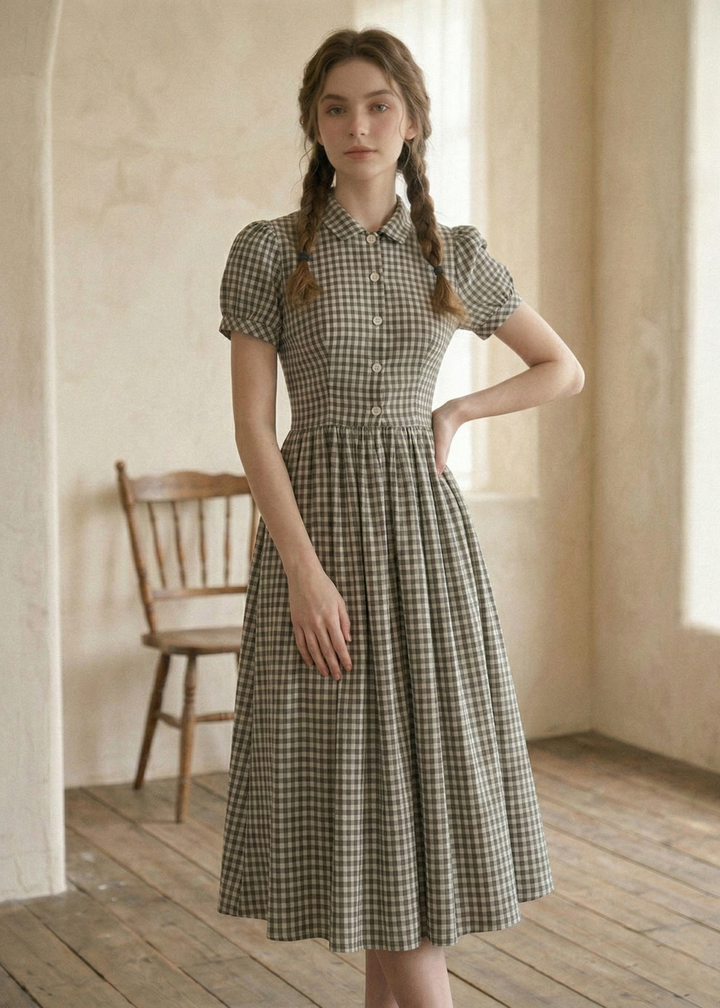 Woman wearing a checkered dress in a room with wooden floor and chair.