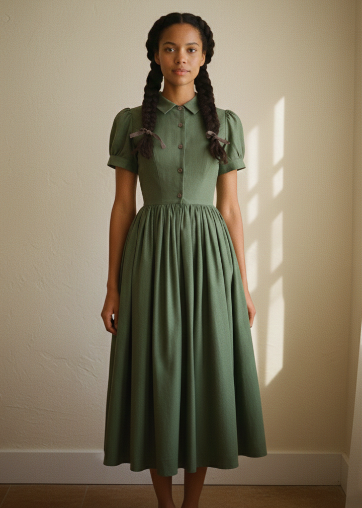 Woman wearing a green dress standing against a beige wall.