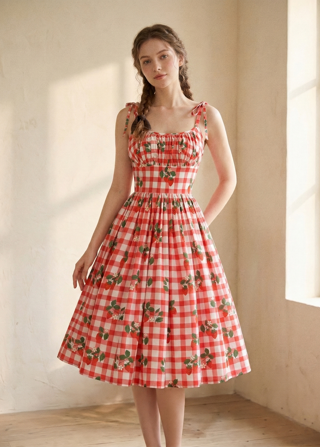 Woman wearing a red and white checkered dress with floral patterns in a softly lit room.