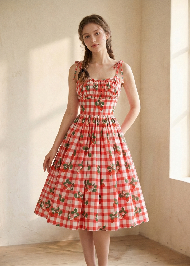 Woman wearing a red and white checkered dress with floral patterns in a softly lit room.
