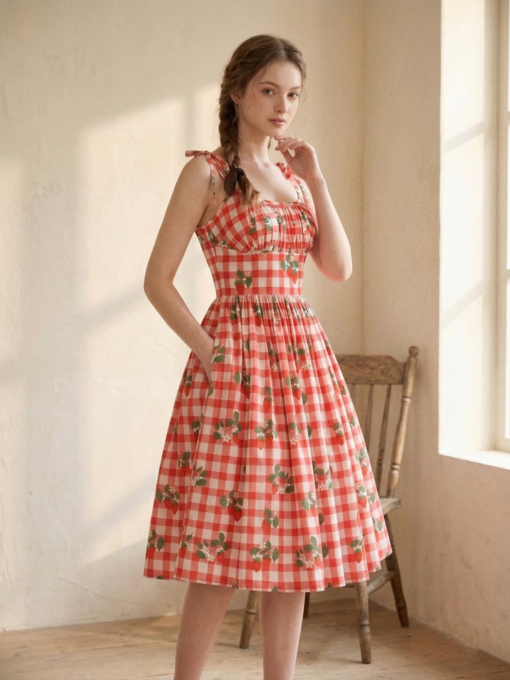 RTS - S - Kelly Dress Strawberries on Red Gingham