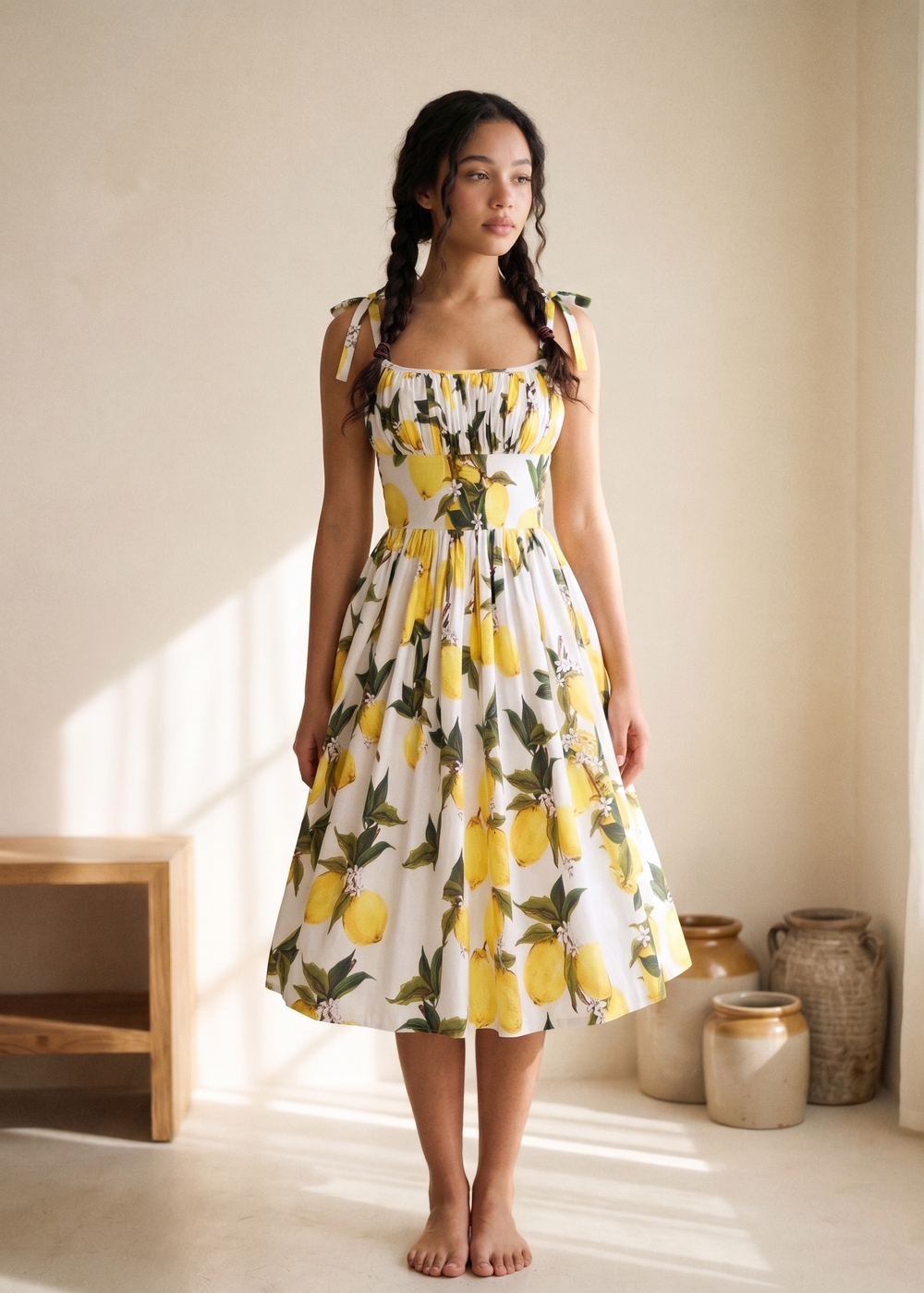 Woman wearing a yellow and white floral dress standing in a bright room with light-colored walls and wooden furniture.