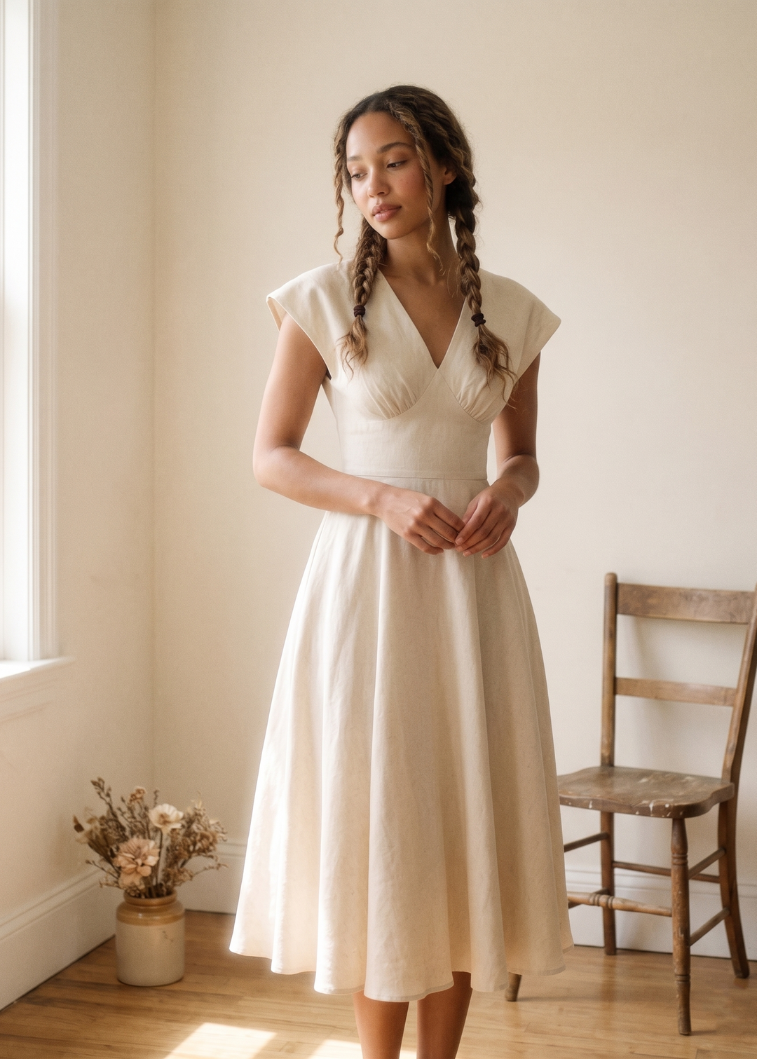 Woman in a white dress standing in a room with a wooden chair and vase of flowers.
