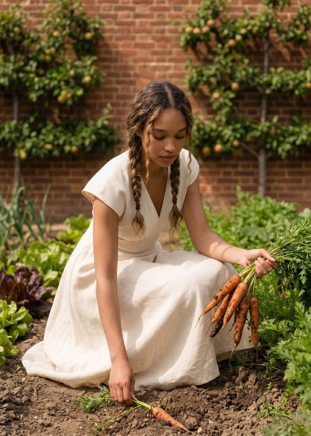 Woman in a white dress holding carrots in a garden