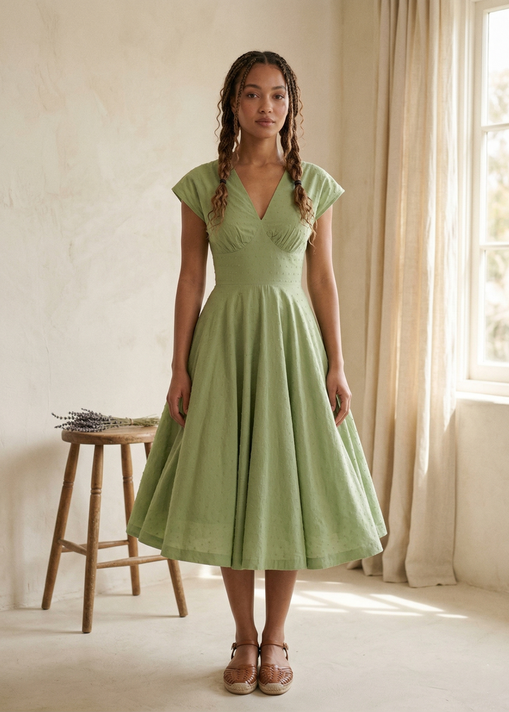 Woman wearing a green dress standing in a softly lit room with a wooden stool and window.