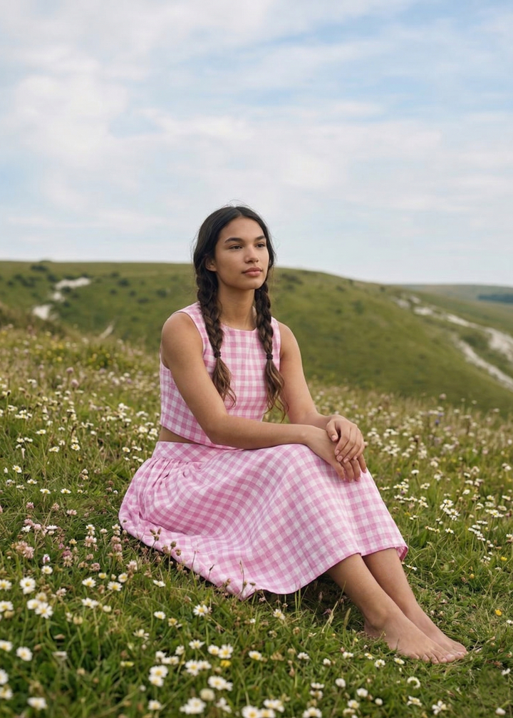 Woman in a pink checkered dress sitting in a field of flowers with a blue sky.