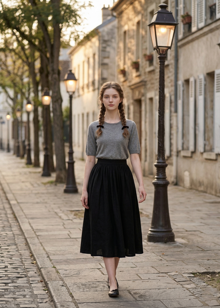 Woman walking down a street with lampposts and buildings in the background