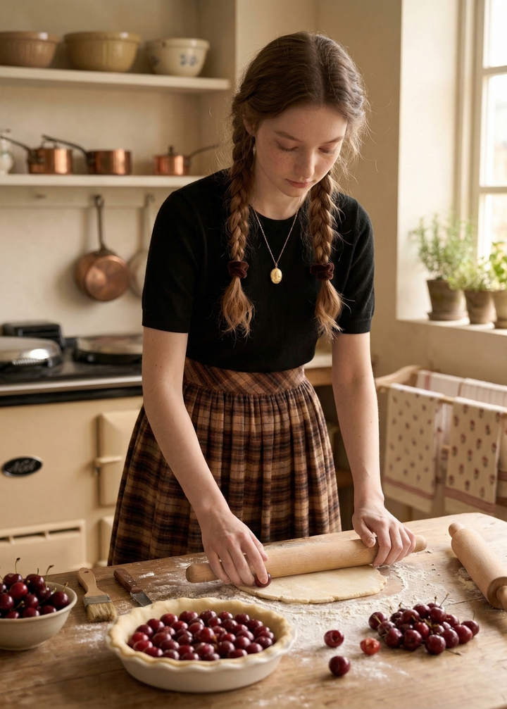 Woman rolling out dough with cherries on a wooden table in a kitchen.