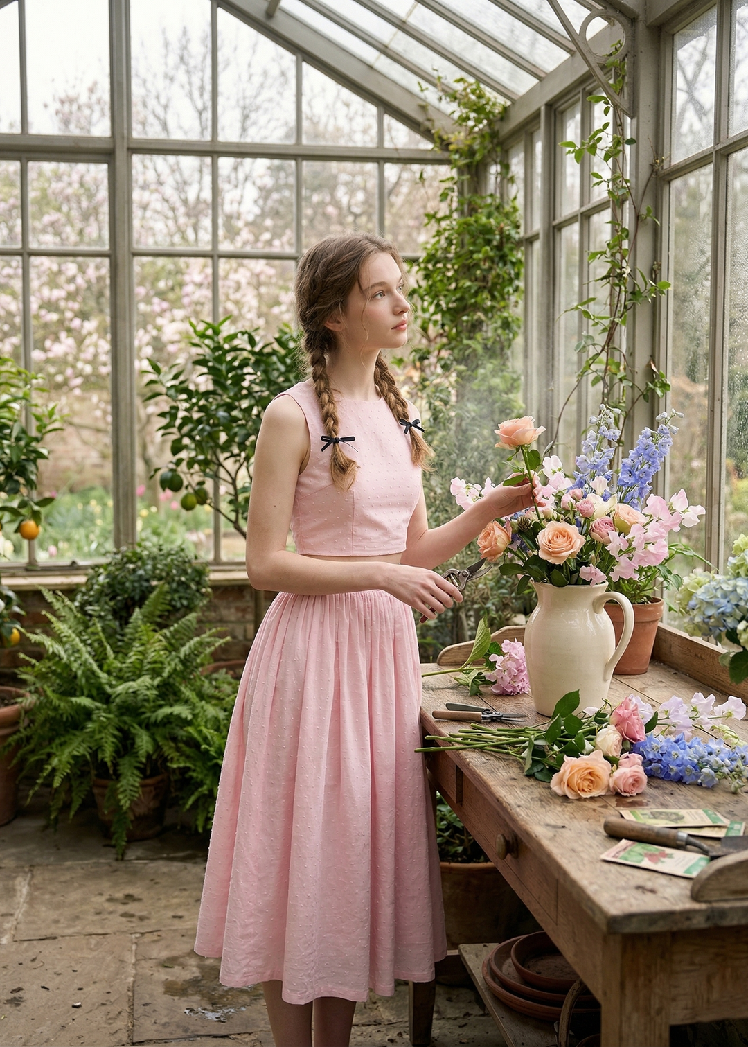 Woman in a pink dress arranging flowers in a greenhouse