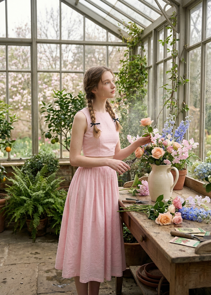 Woman in a pink dress arranging flowers in a greenhouse