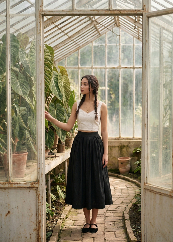 Woman standing in a greenhouse with plants and a stone path.