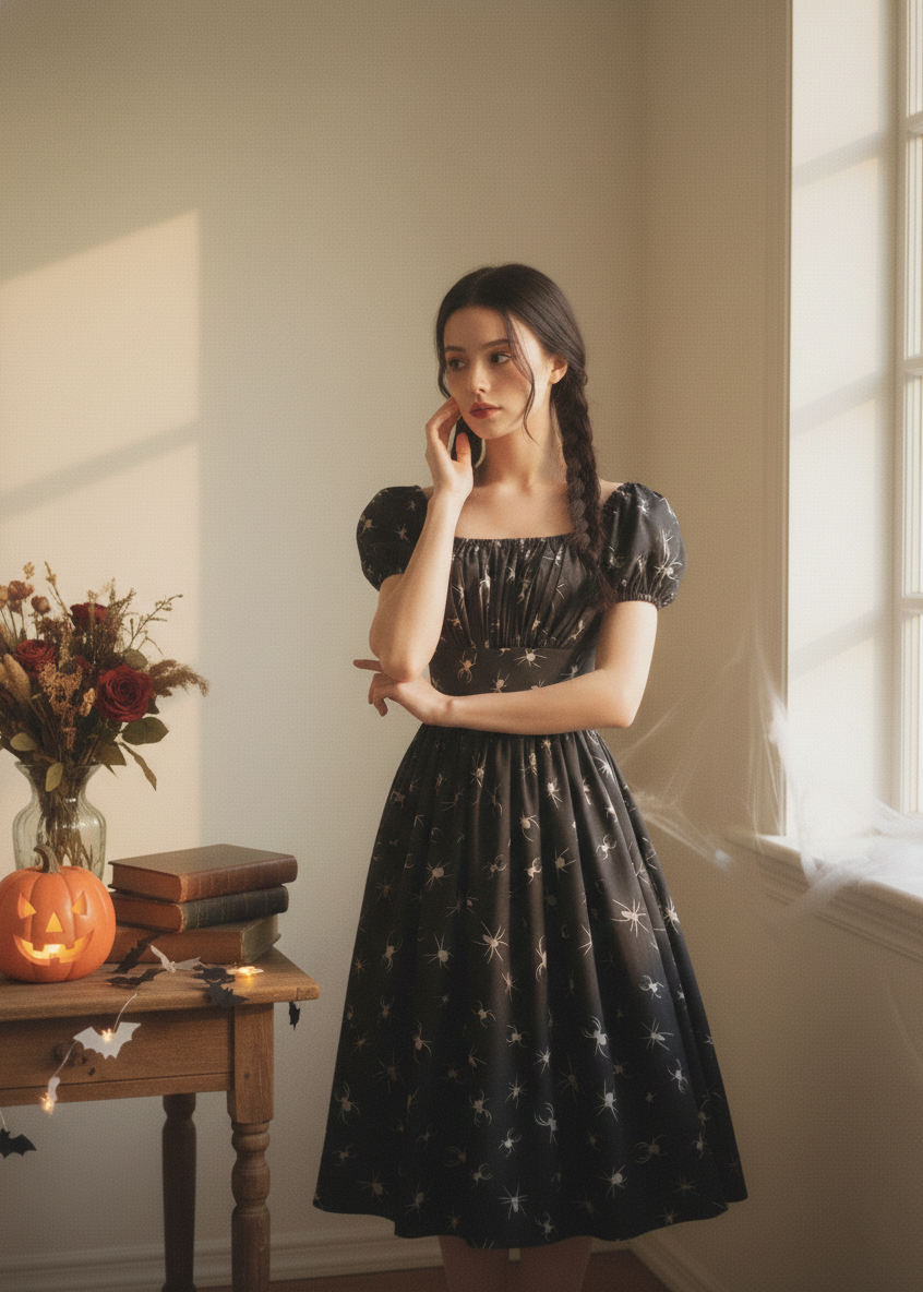 Woman in a black dress with star pattern standing in a room with a pumpkin and books on a table.