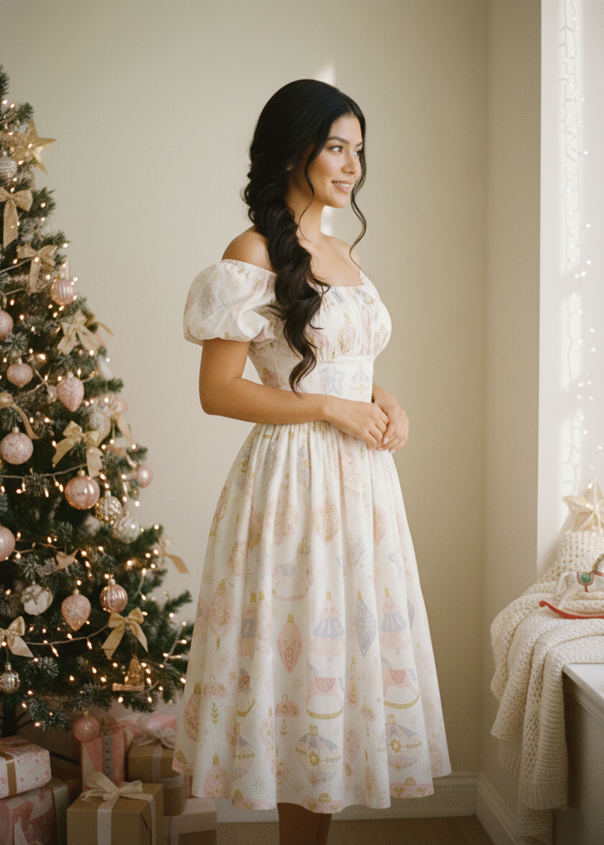 Woman in a white dress standing next to a decorated Christmas tree in a cozy room.
