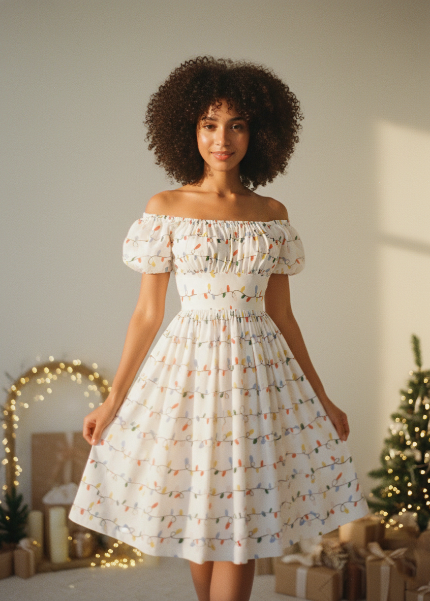 Woman wearing a white dress with colorful patterns in a festive indoor setting.
