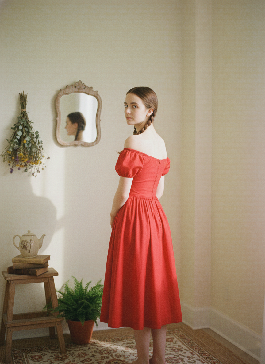 RTS - M - Loretta Dress Cardinal Red Cotton