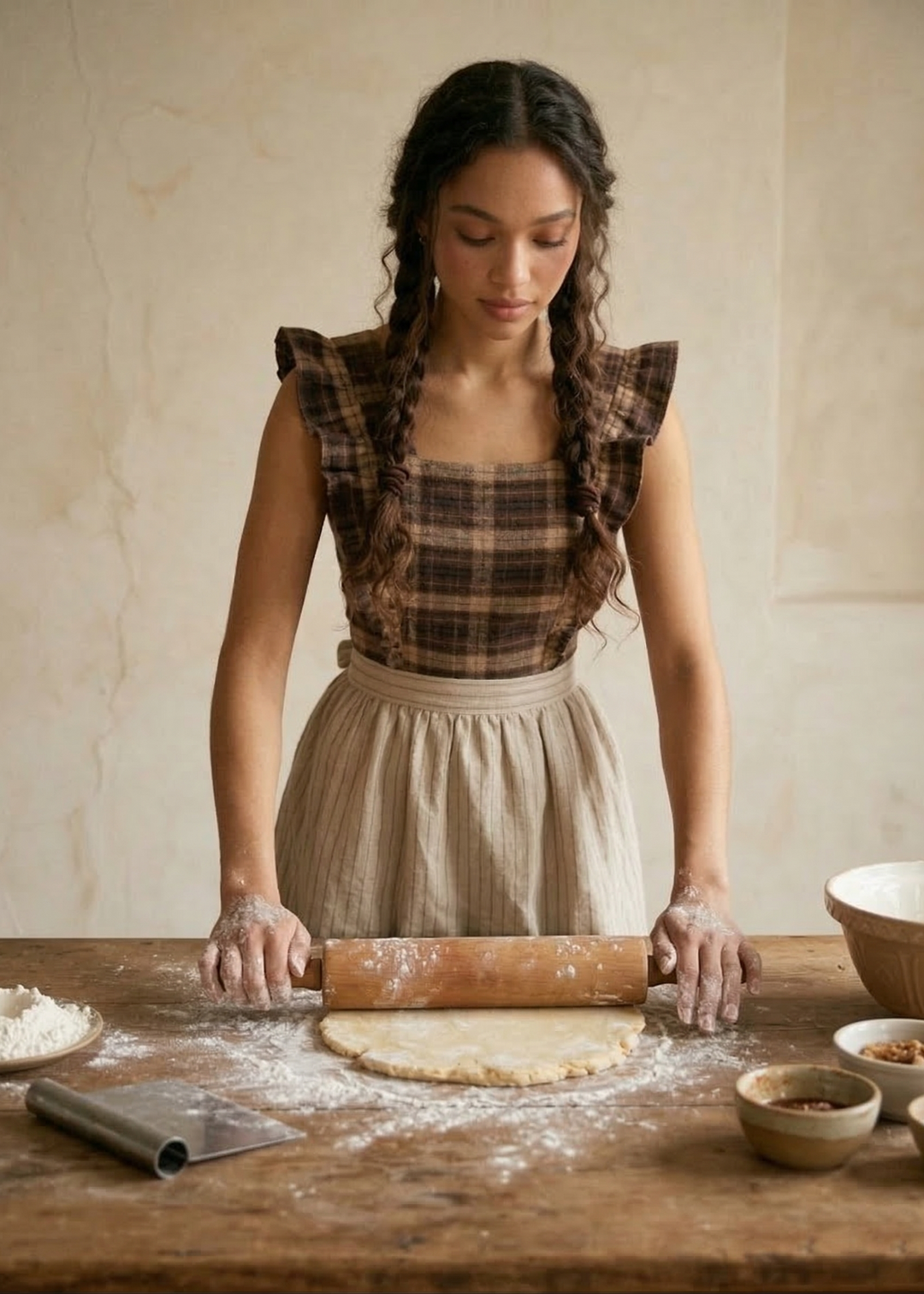 Woman rolling out dough on a wooden table with various baking items around.