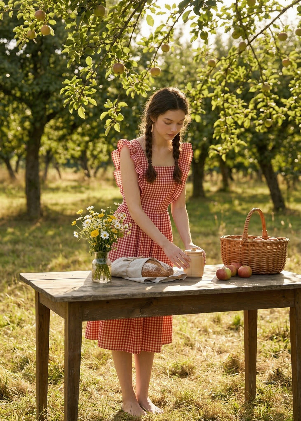 Woman in a red checkered dress standing by a wooden table in an apple orchard.