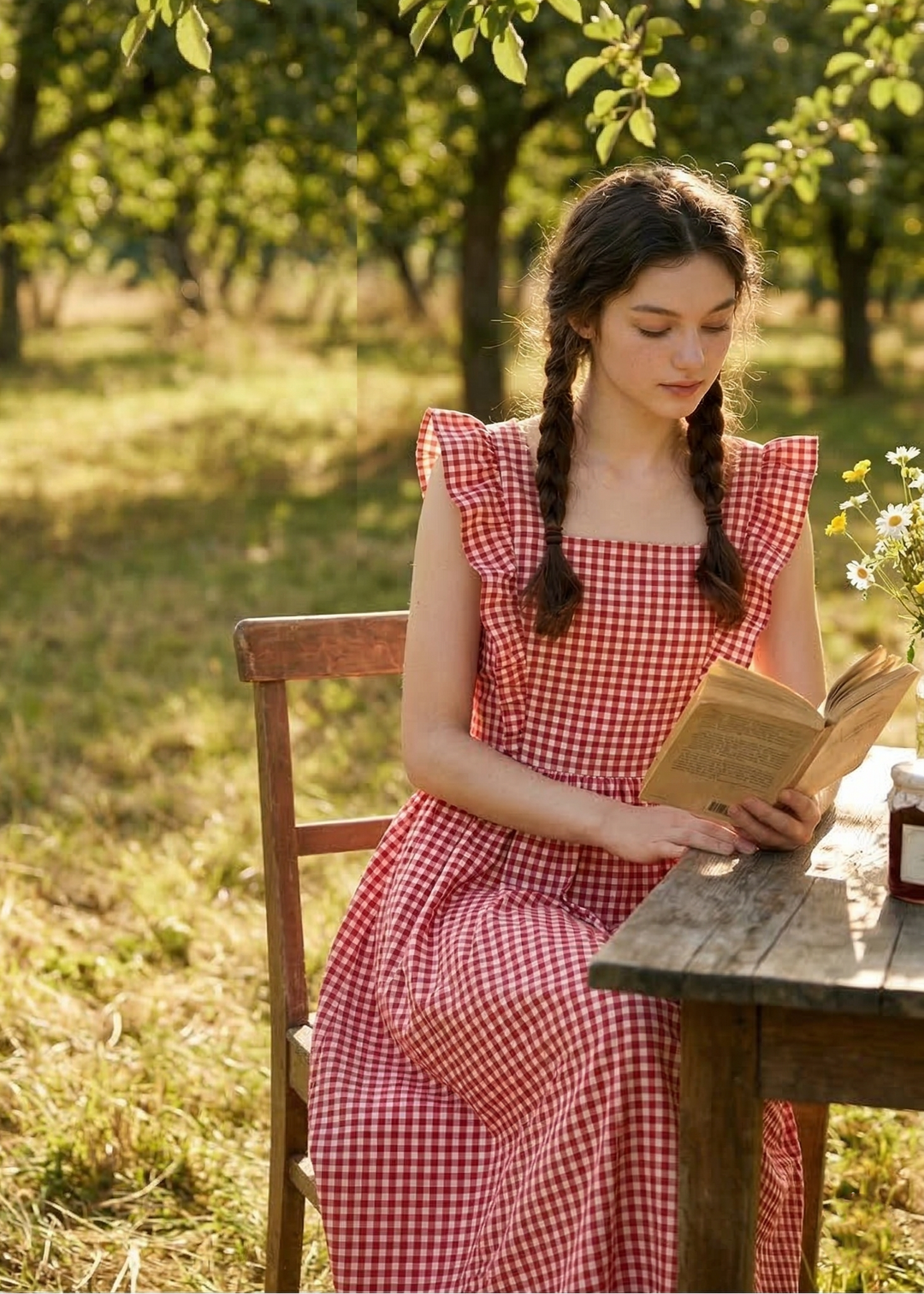 Woman in a red checkered dress reading a book in an apple orchard.