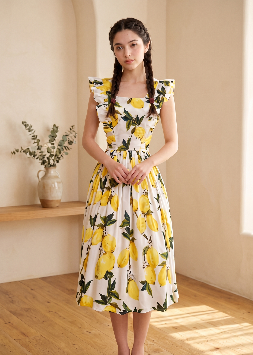 Woman wearing a dress with lemon print in a room with wooden floor and beige walls.