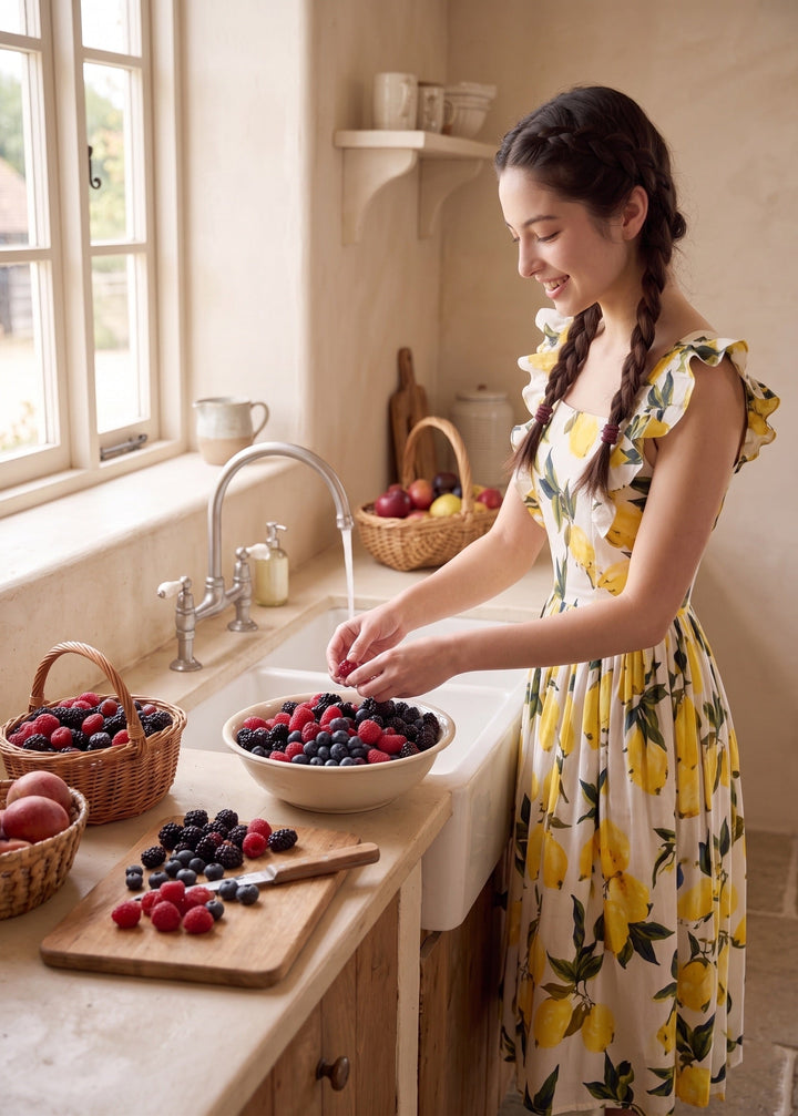 Woman in a kitchen preparing berries in a bowl