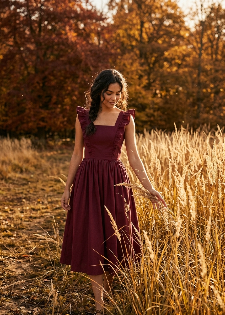 Woman in a burgundy dress standing in a field with autumn foliage.