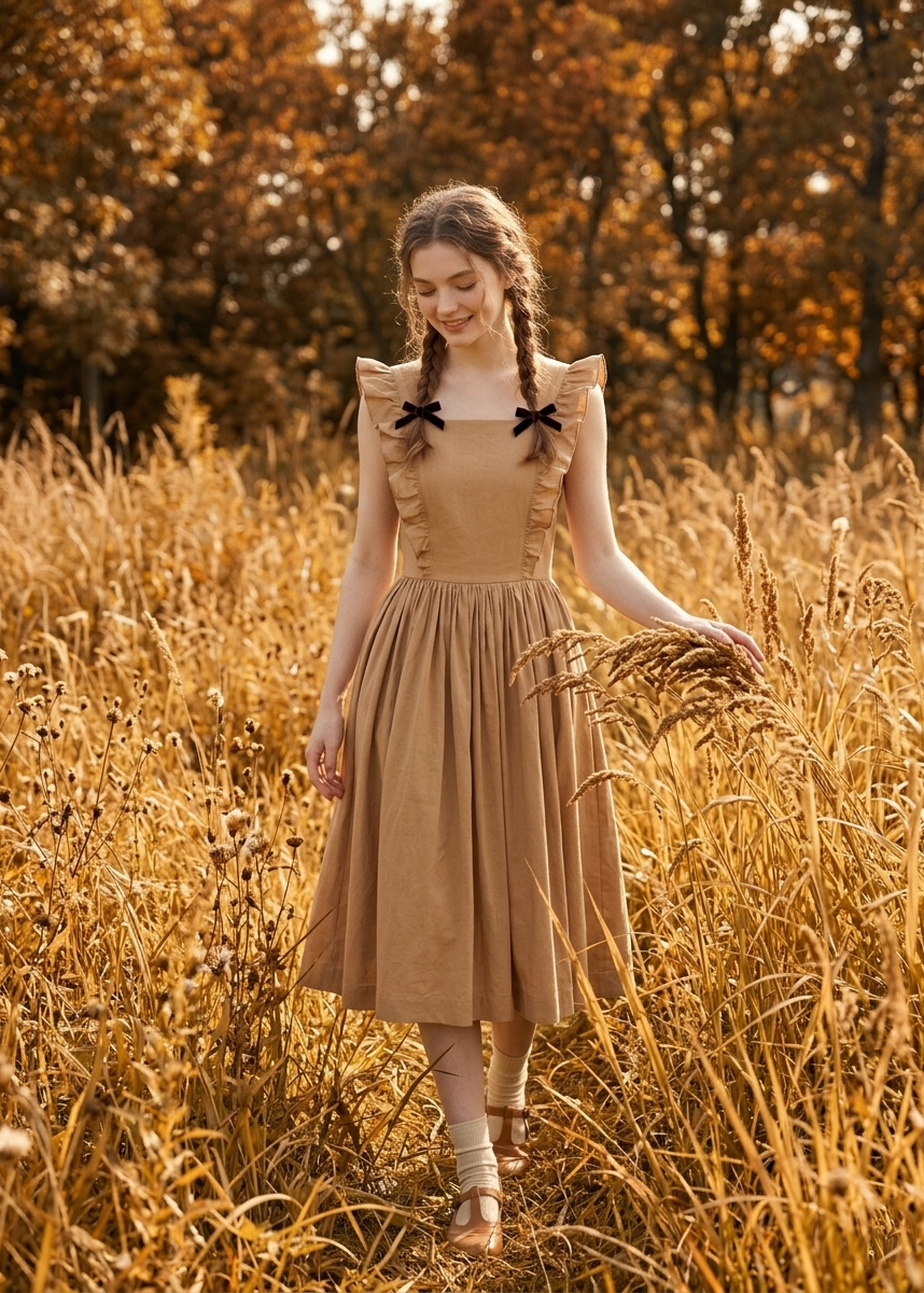 Woman in a beige dress standing in a field of tall golden grass with trees in the background.