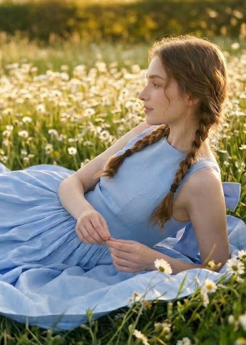 Woman in a blue dress lying in a field of flowers
