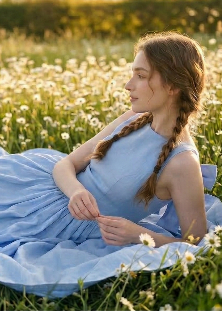 Woman in a blue dress lying in a field of flowers
