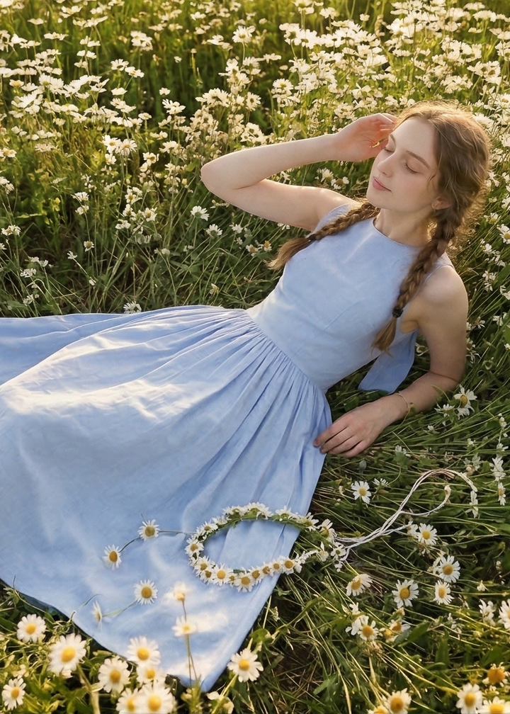 Woman in a light blue dress lying in a field of daisies