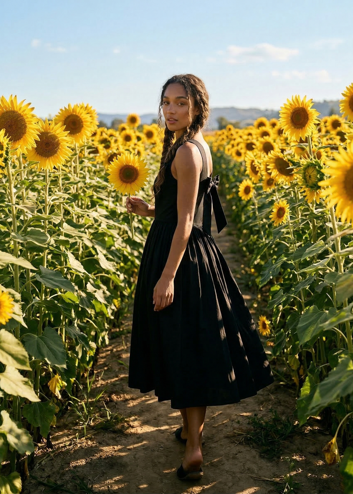 Woman in a black dress standing in a sunflower field